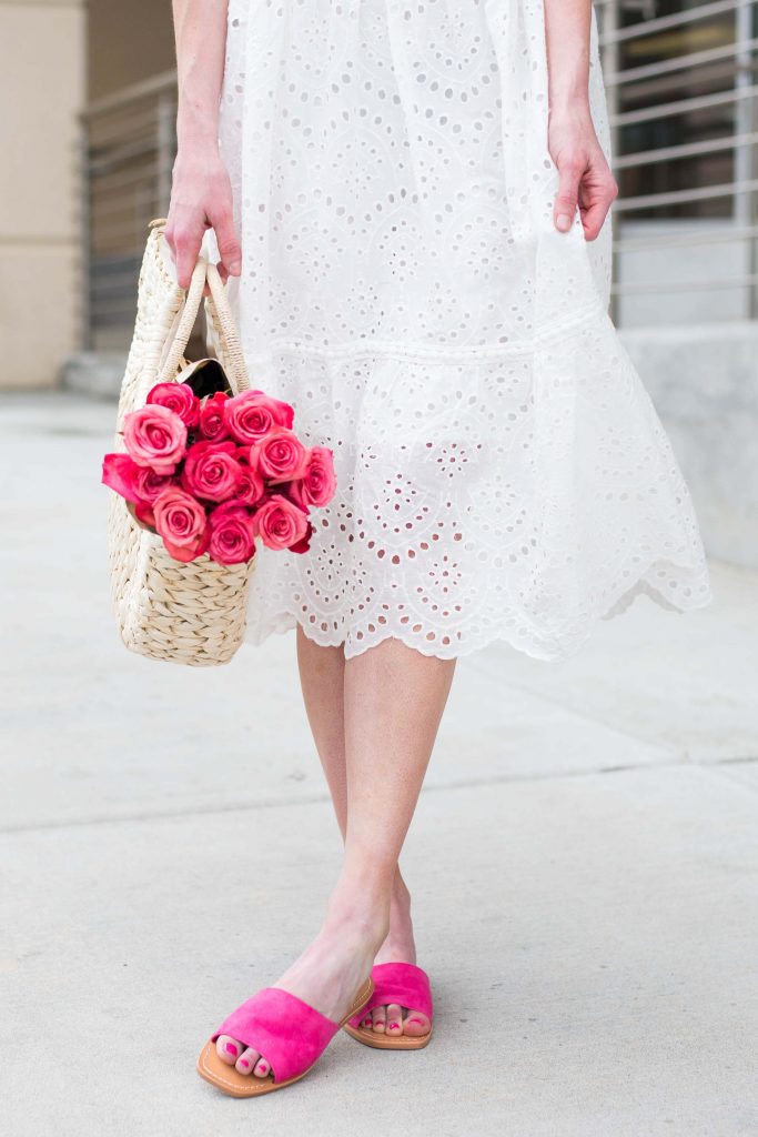 White Eyelet dress with pink shoes and roses