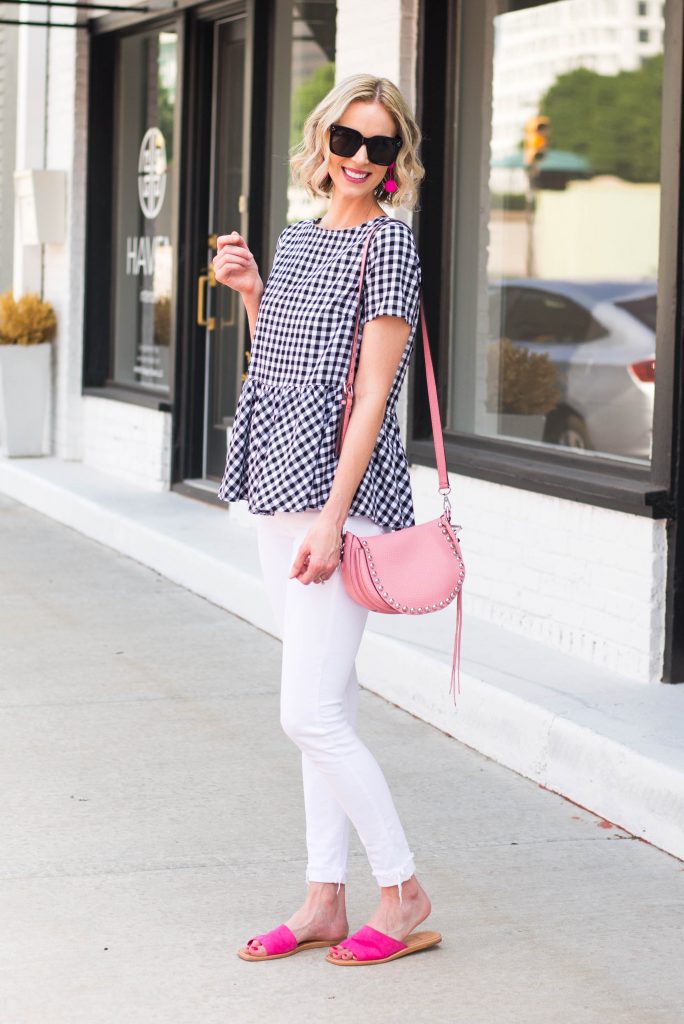 cute gingham peplum top with white jeans and pink slides