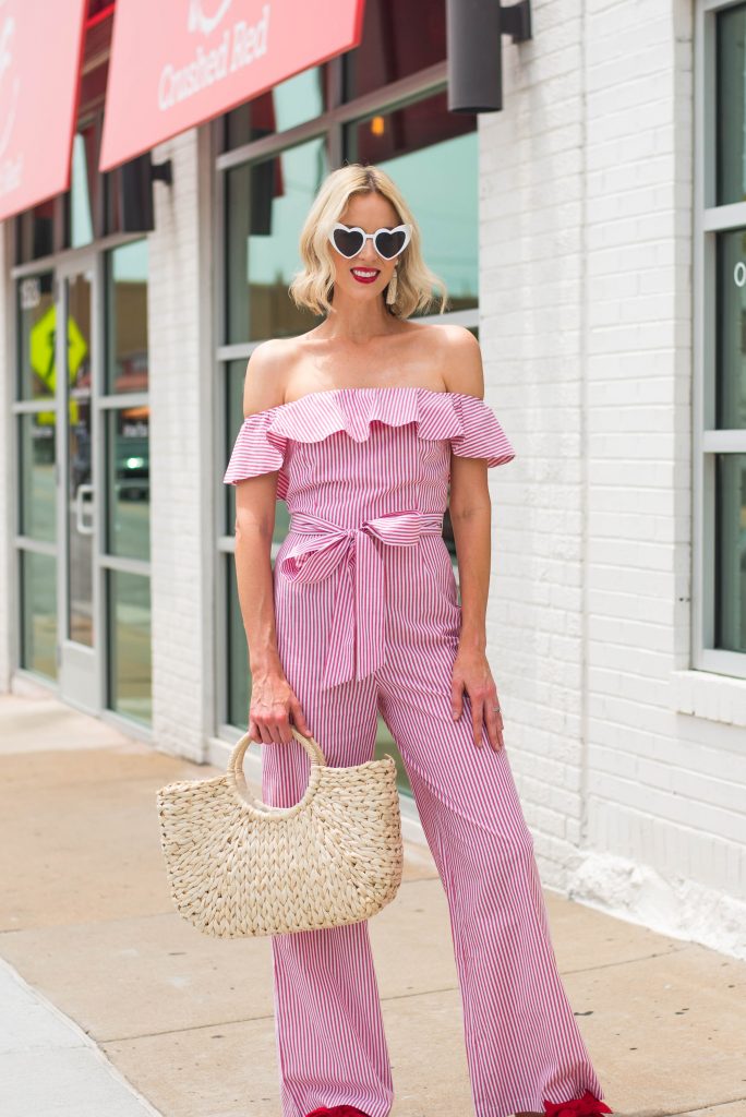 off the shoulder jumpsuit with ruffle detail