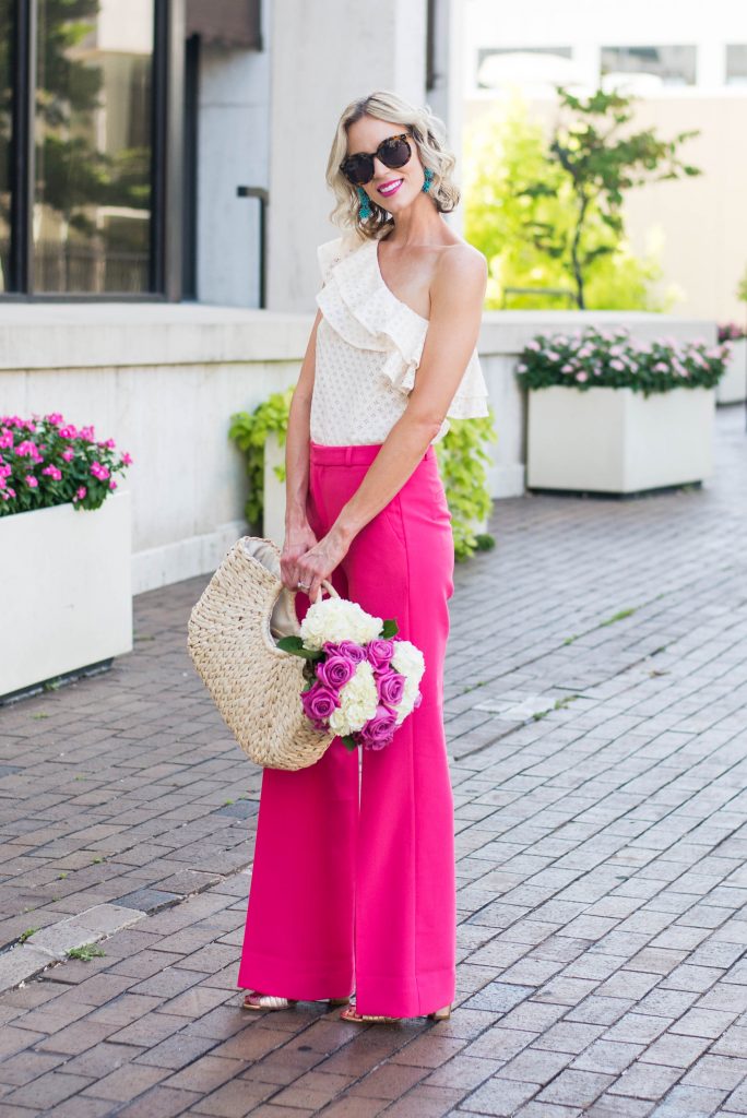 one shoulder top with wide leg pink pants