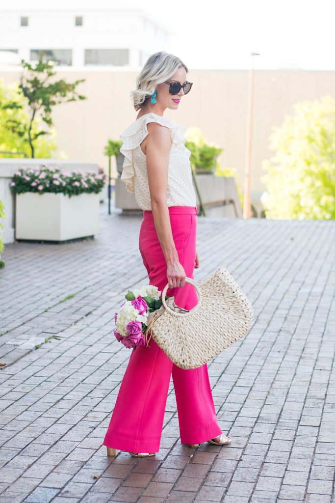 dressy pink pants and cream ruffle top, bright summer dressy pants outfit