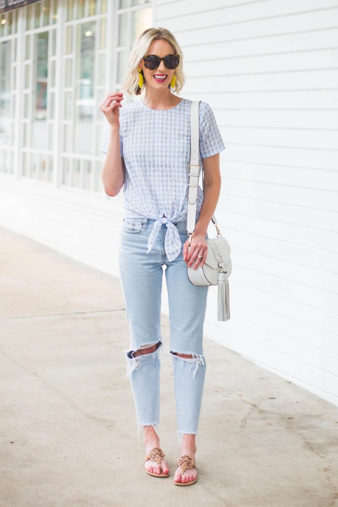gingham tie front top with straight Levi's
