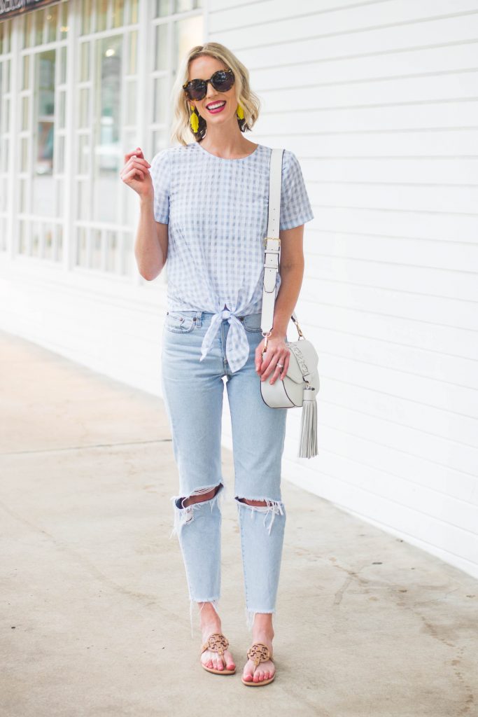 cute blue gingham top with tie front detail