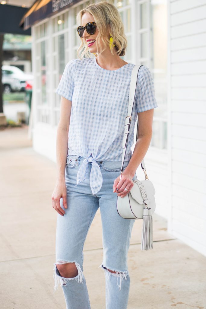light blue and white gingham top