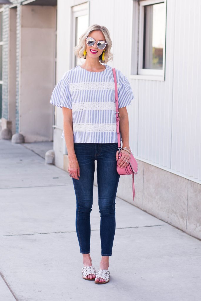 blue and white striped top with skinny jeans