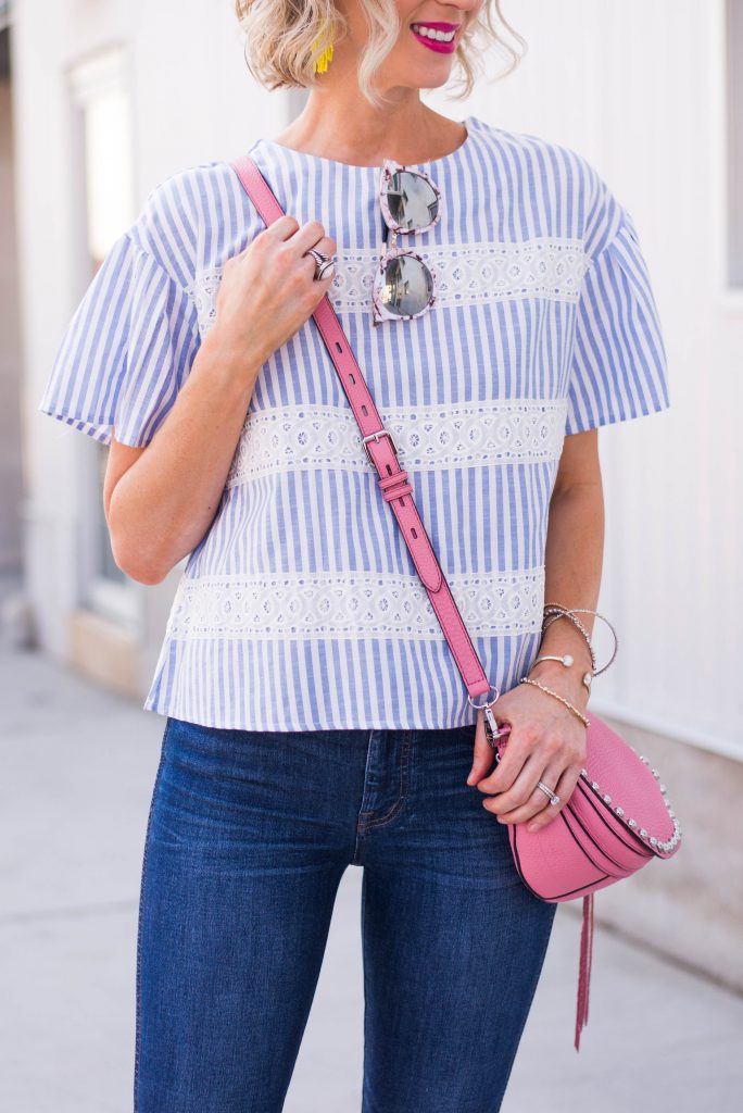 blue and white striped top with pretty lace detailing