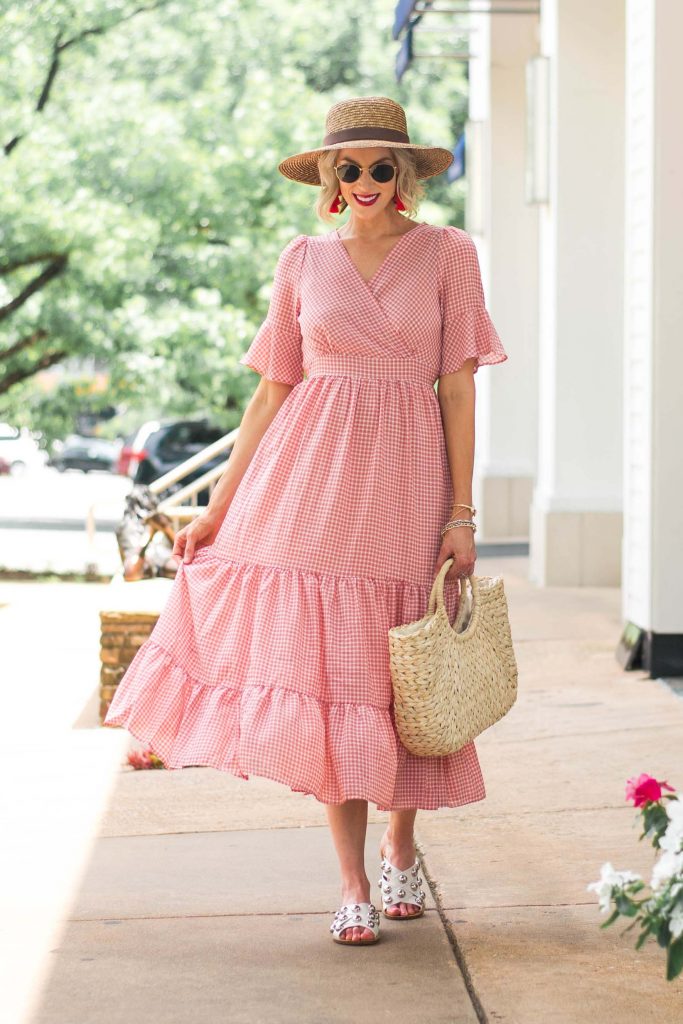 red gingham midi dress styled for summer