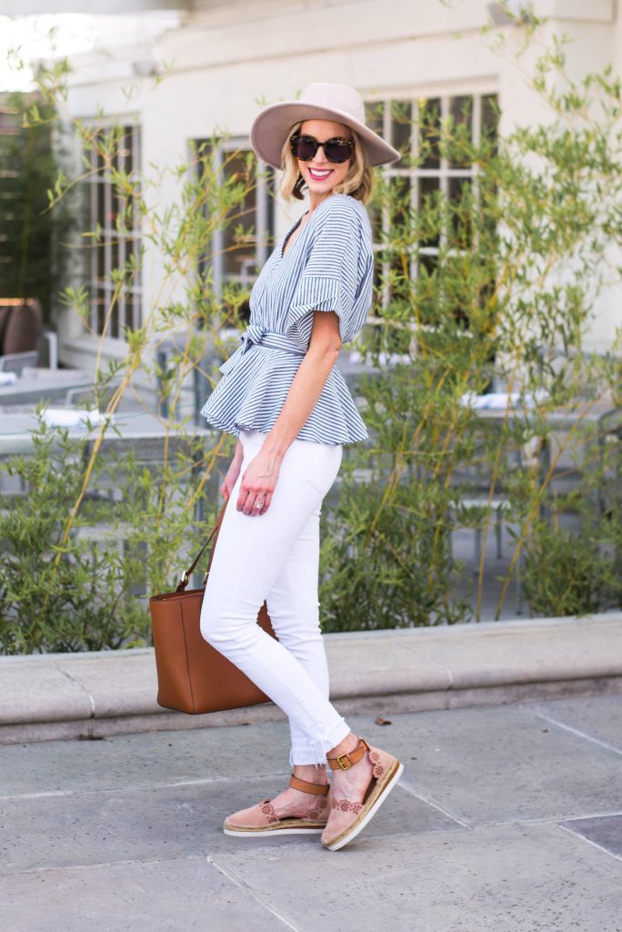 ultra flattering wrap top with white jeans