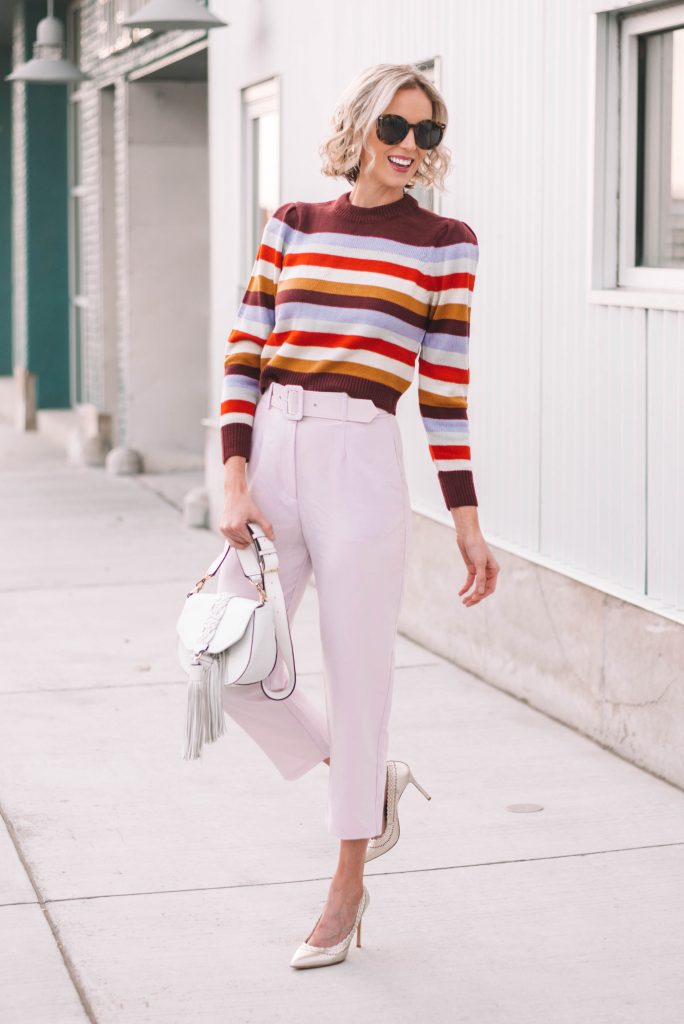 lavender pants and striped sweater