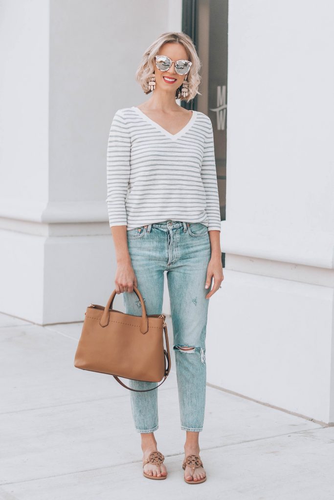 casual striped sweater with boyfriend style jeans