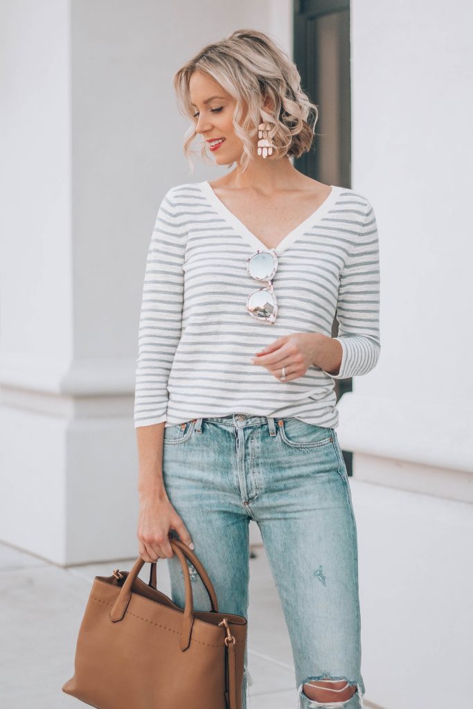 blue and white striped knit sweater