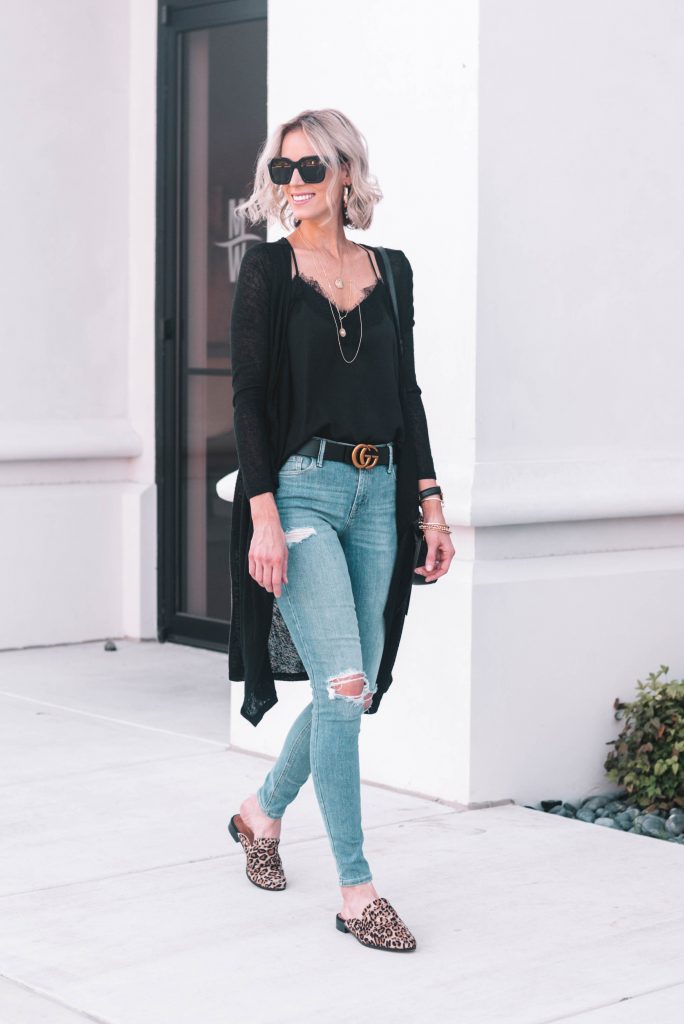 black lace cami with duster cardigan and jeans