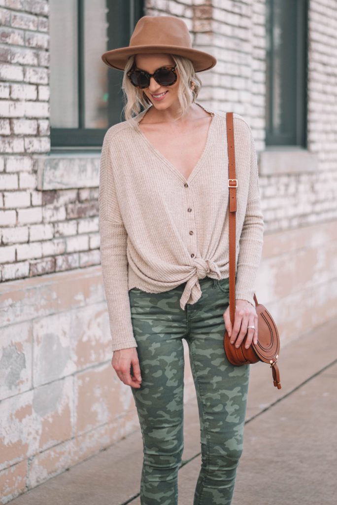 neutral button front top with hat