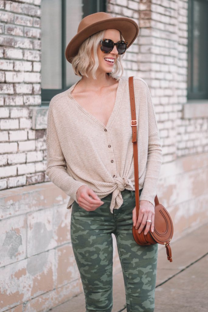 cute and casual fall outfit with camo and button front thermal top
