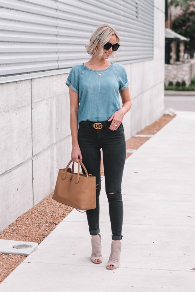 double denim with black jeans and chambray shirt