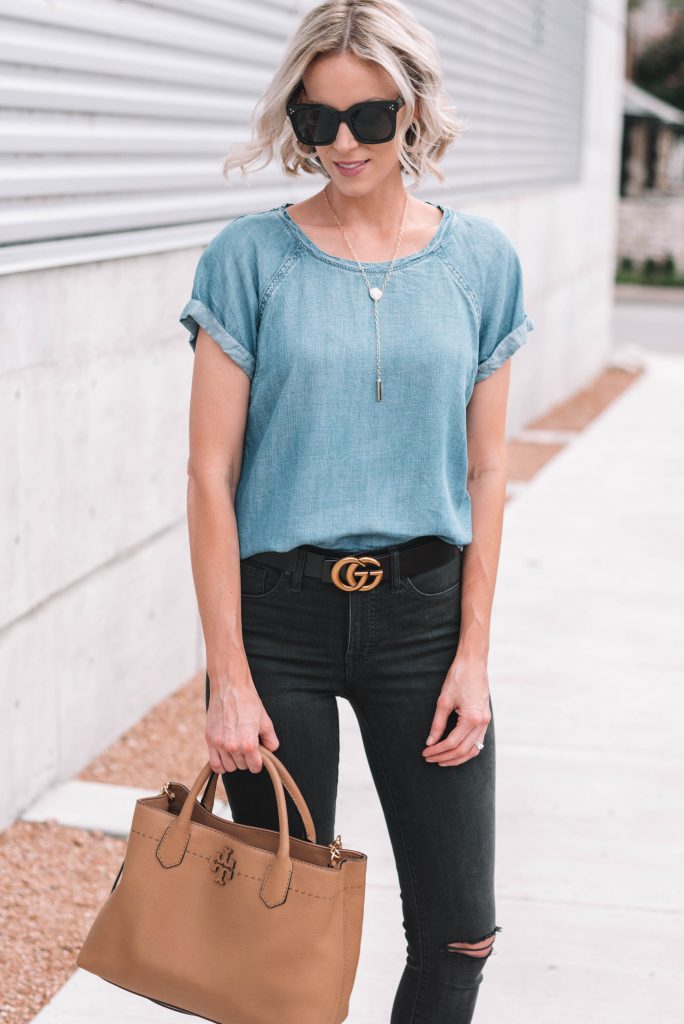 chambray top, gucci belt, black jeans