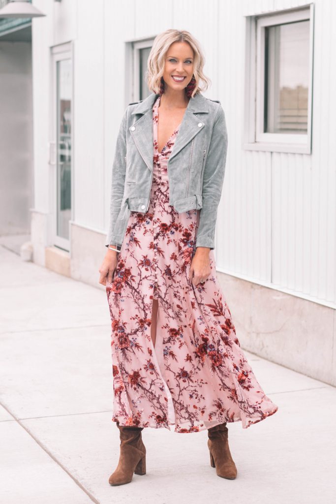 long blush floral dress with suede jacket