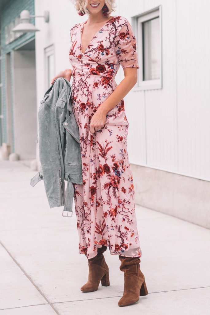 gorgeous blush maxi dress with floral detailing, suede boots, and suede moto jacket