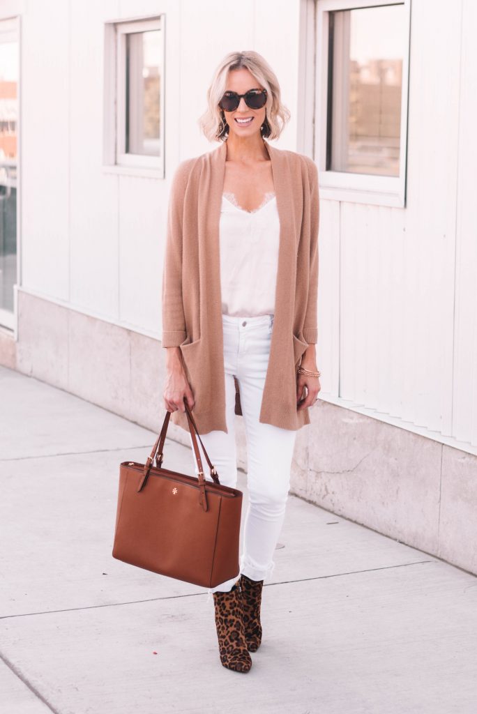 white jeans and cami with tan cardigan and leopard boots
