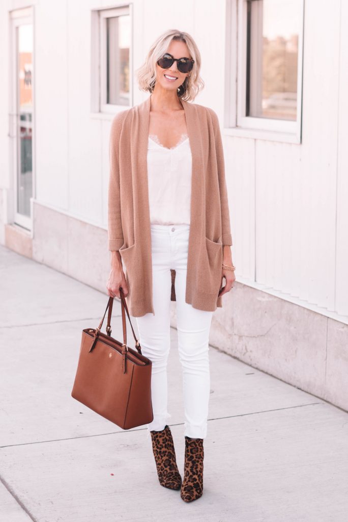 white after labor day - white jeans and cami with tan cardigan