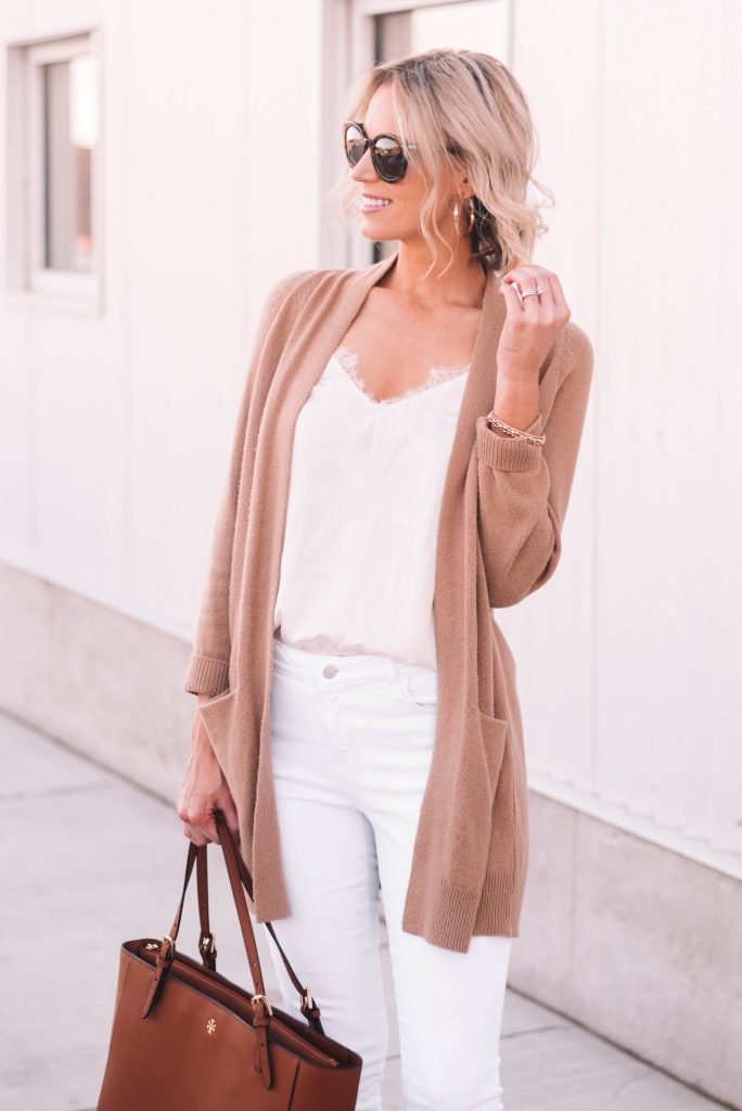 white lace cami with tan cardigan