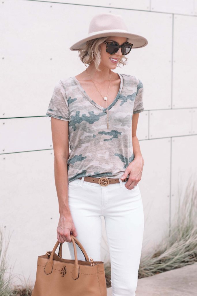 camo tee with white jeans