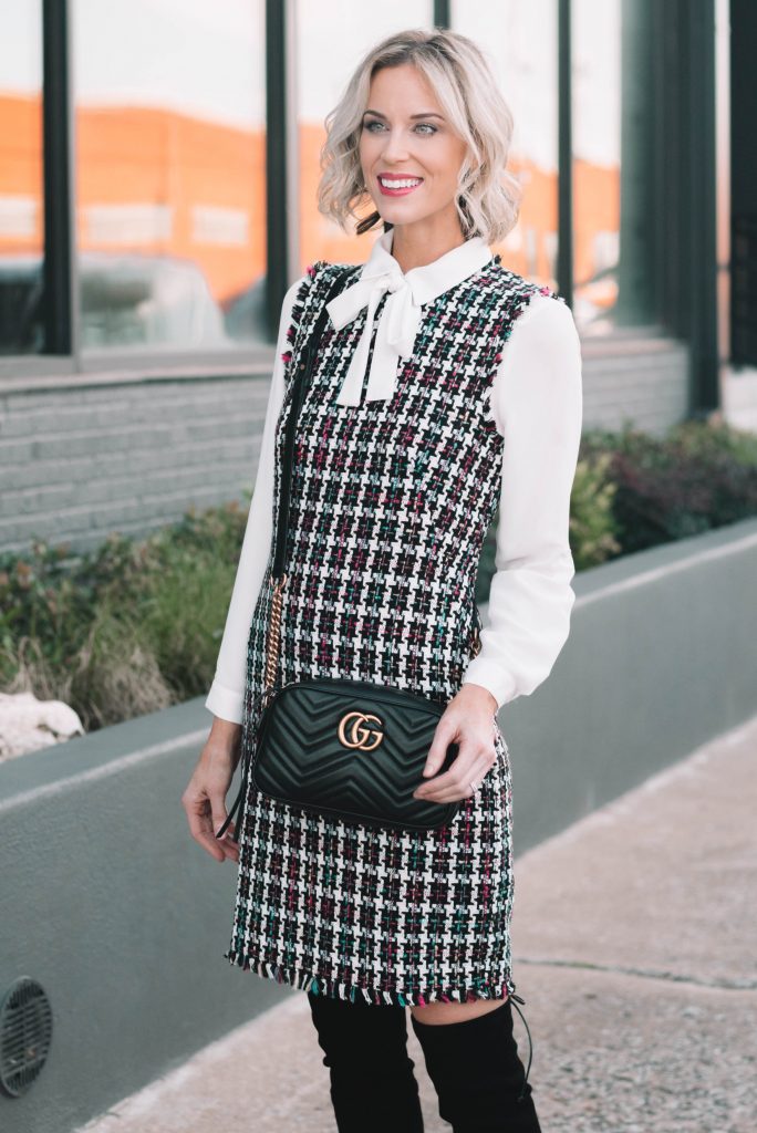 classic tweed dress with white blouse