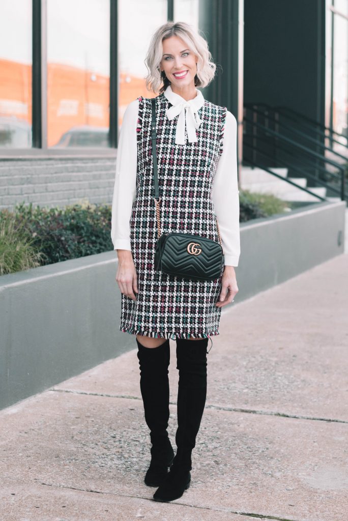 tweed sheath dress with bow blouse