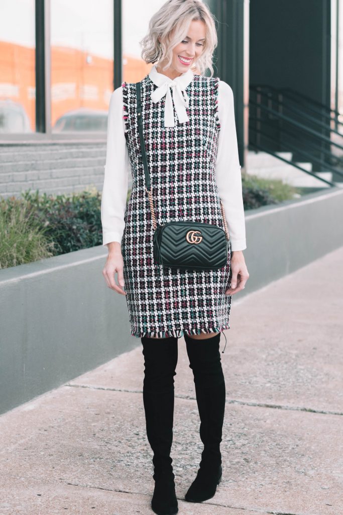 tweed sheath dress with white bow blouse and over the knee boots