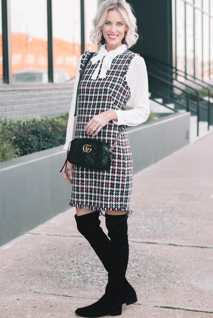 classy holiday outfit idea, tweed dress