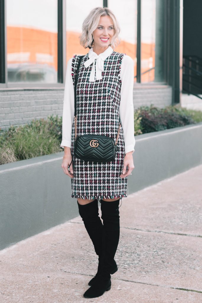 tweed dress with over the knee boots for fall