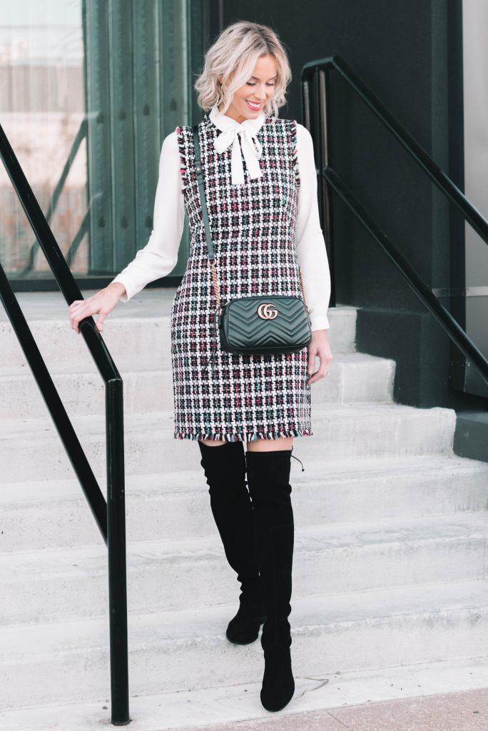 gorgeous tweed sheath dress with white bow blouse and over the knee boots