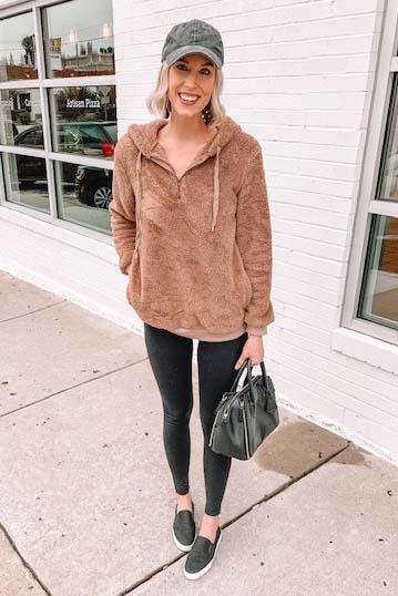 how to wear leggings casually; leggings with a cozy pullover