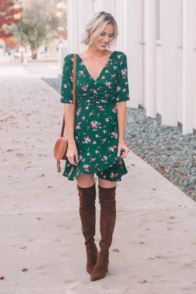 beautiful green mini dress with over the knee boots