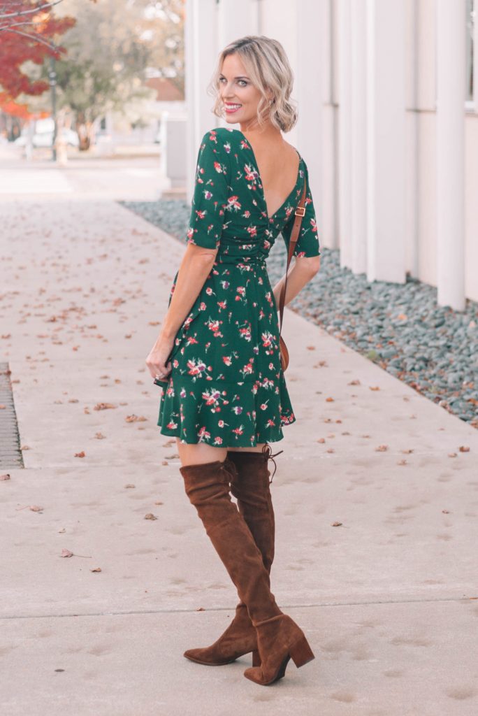 gorgeous green dress with over the knee boots and v back