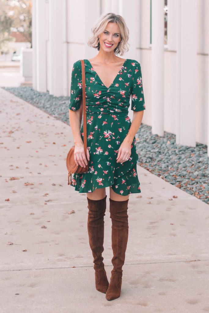 Beautiful Green Mini Dress with Over the Knee boots - perfect for holiday party attire