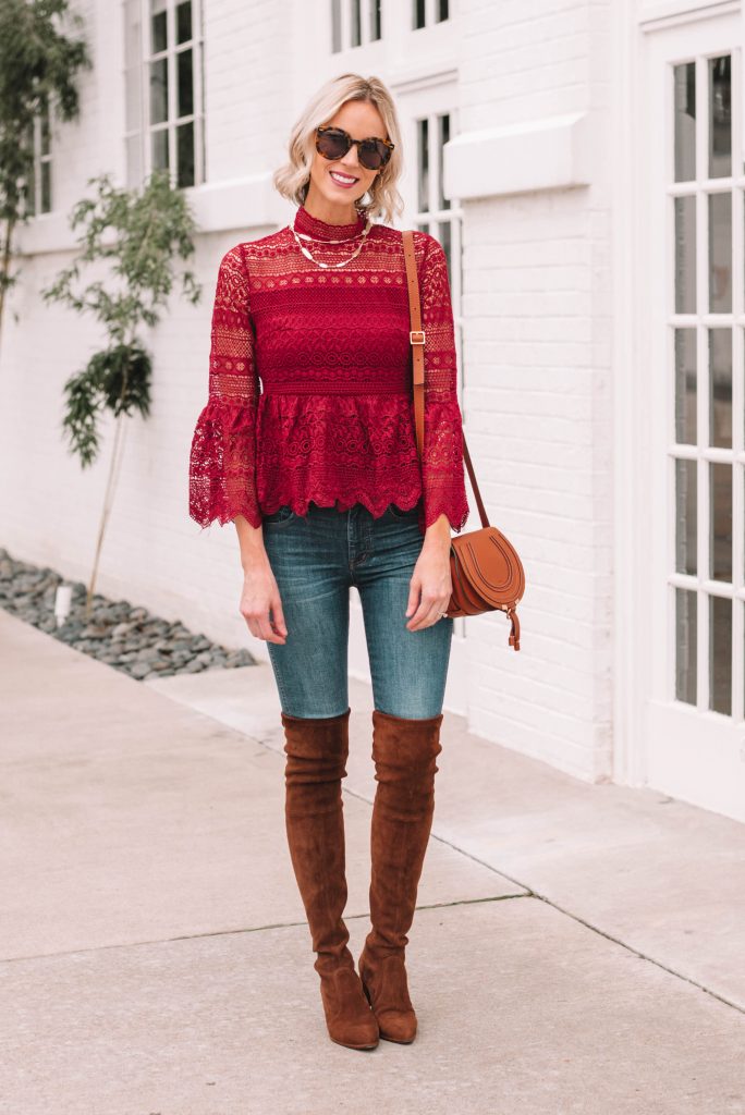 burgundy lace peplum blouse with jeans and over the knee boots