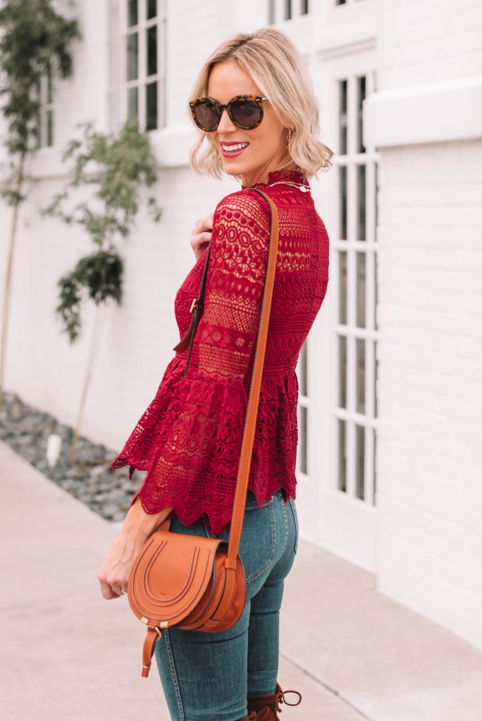 burgundy lace peplum top with bell sleeves