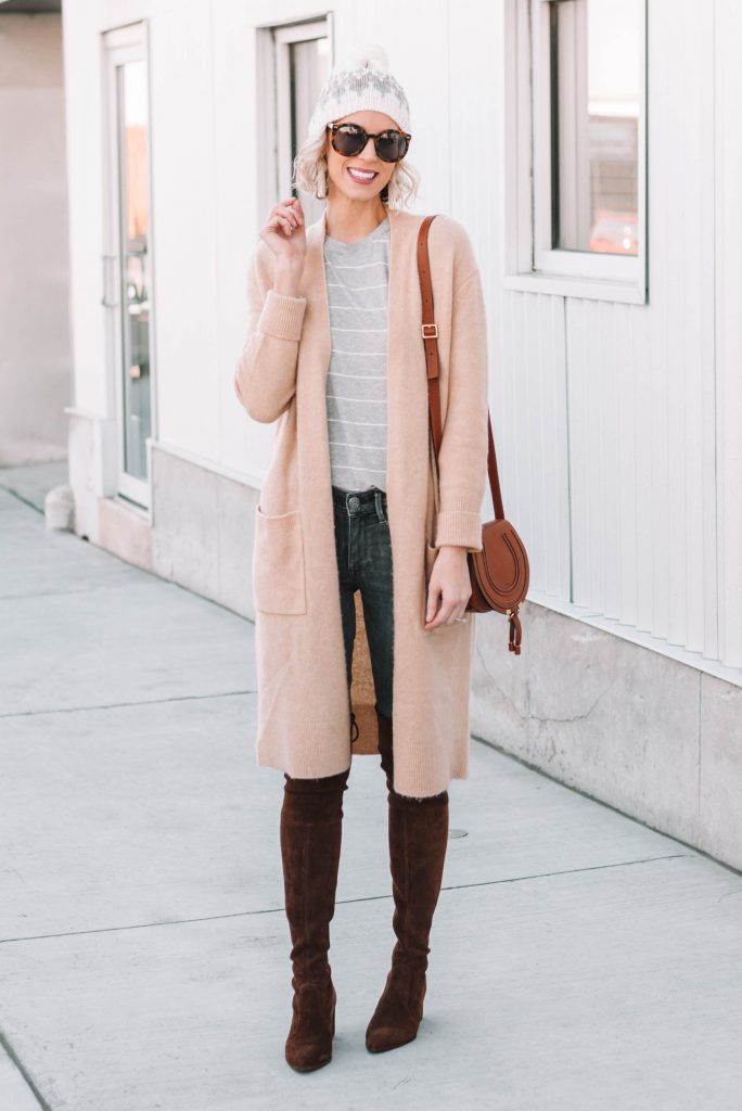 long duster cardigan over jeans and a t-shirt