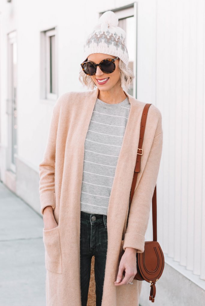 tan duster cardigan paired with grey