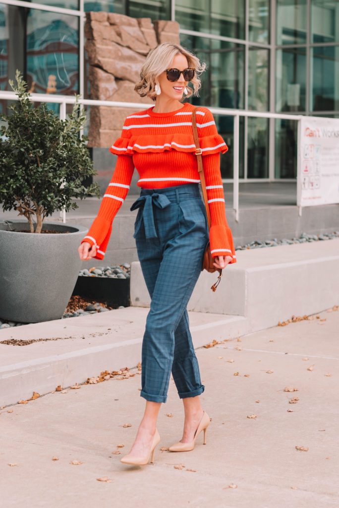 paperbag waist pants with ruffle sweater