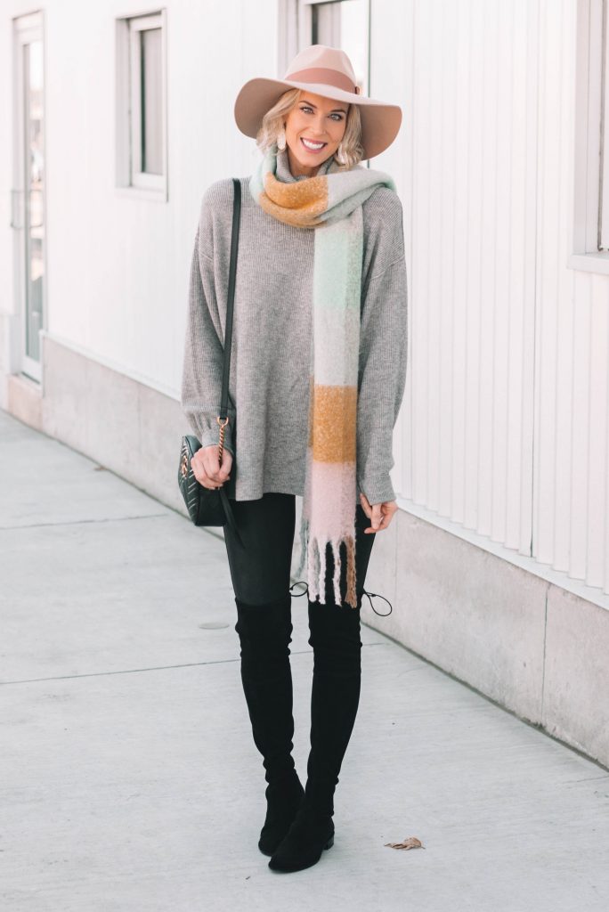 tunic sweater with leggings, over the knee boots, and scarf