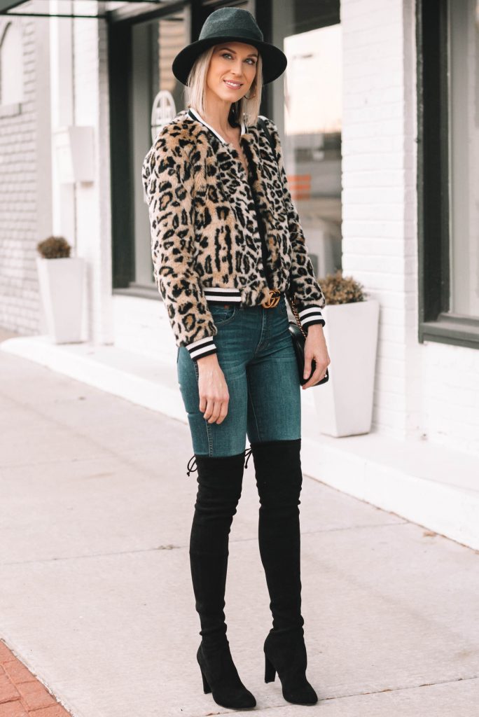 leopard jacket with black heeled over the knee boots for under $100