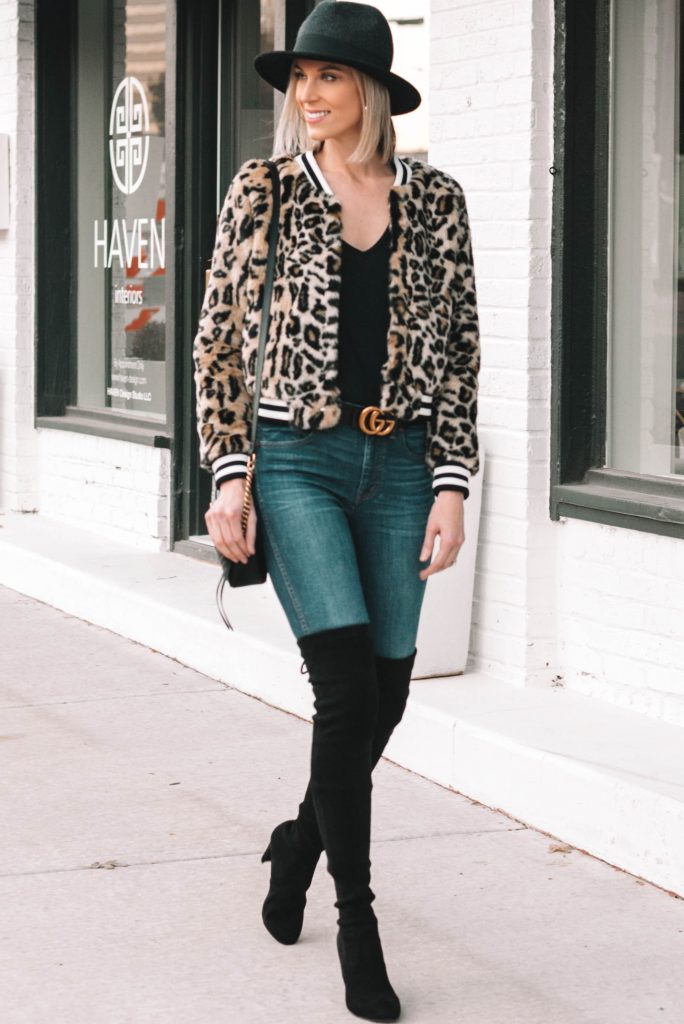 fun leopard bomber style jacket, black over the knee boots, black tee