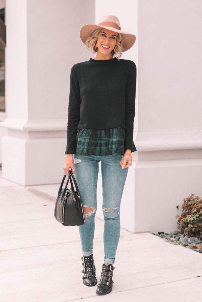 plaid flounce hem top with jeans and booties