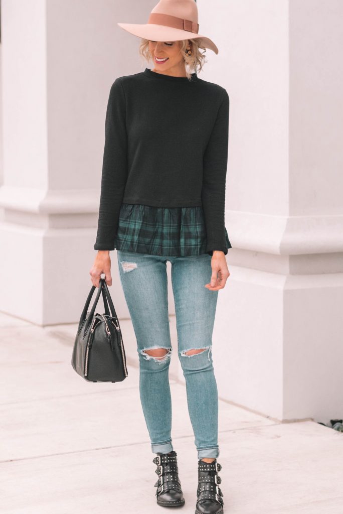 plaid flounce hem sweatshirt perfect for fall and winter casual looks; casual holiday outfit idea