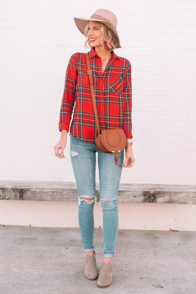casual holiday outfit ideas, red flannel shirt with jeans and hat