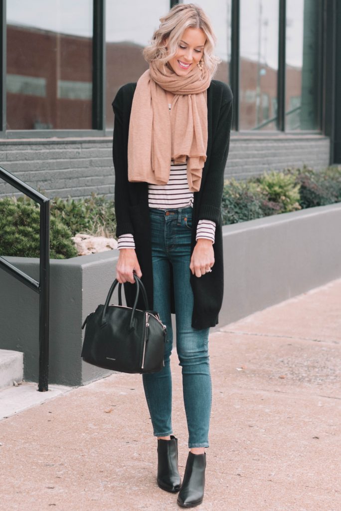 black cardigan, black ans white striped shirt, black booties, camel colored scarf