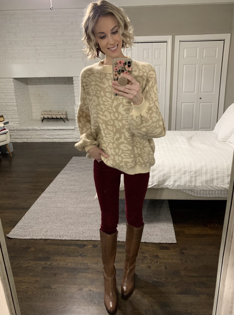 neutral leopard sweater with burgundy velvet pants