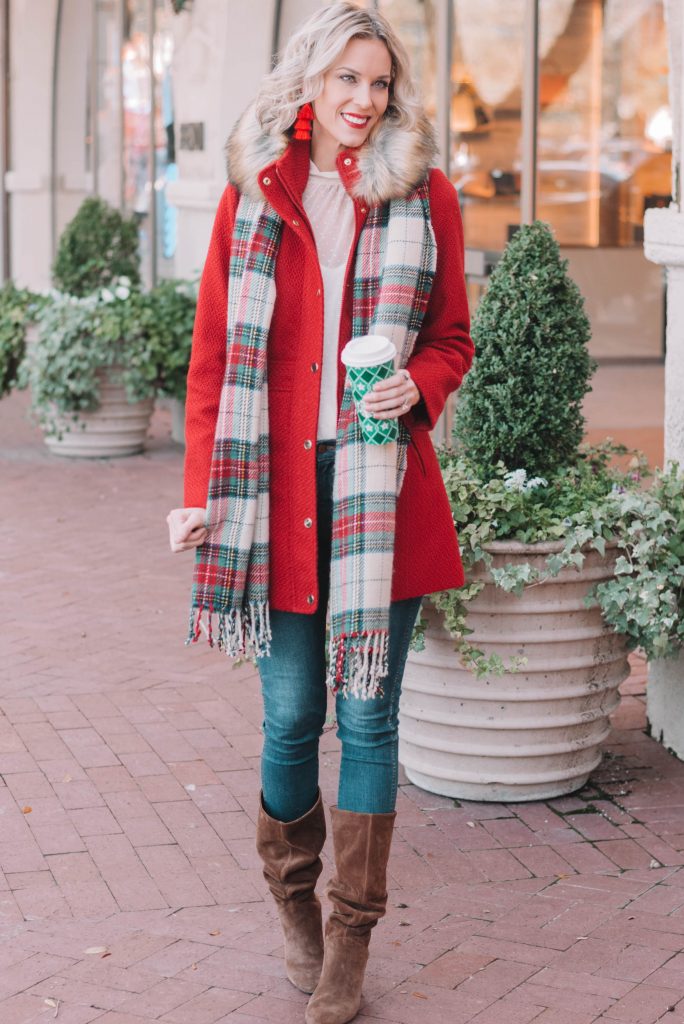 holiday outfit, red coat, plaid scarf